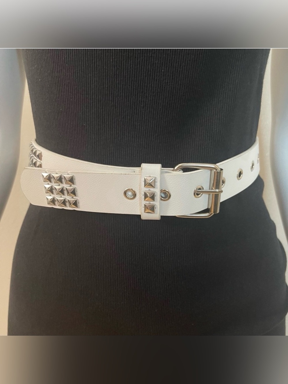White PU leather silver tone studded belt